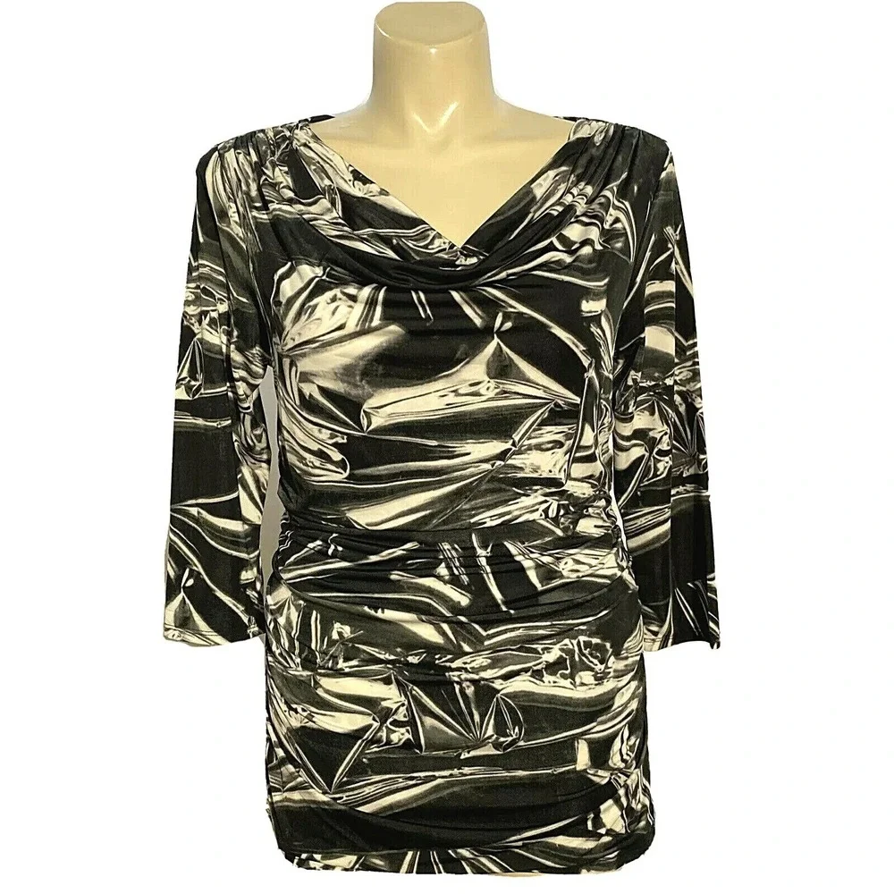 Carmen Marc Valvo Top XL Black Gray Off White Abstract Drape Jersey Blouse NICE - Picture 1 of 6